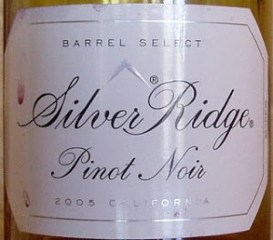 Wine bottle label that reads "Silver Ridge Pinot Noir."